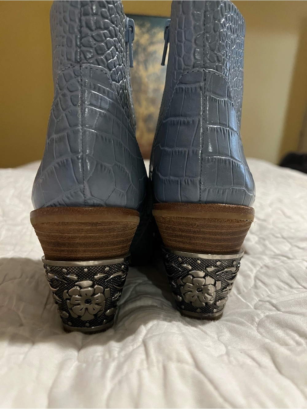 Gianni Bini Sky Blue Croc-Embossed Pointed Ankle Boots - Picture 4 of 7